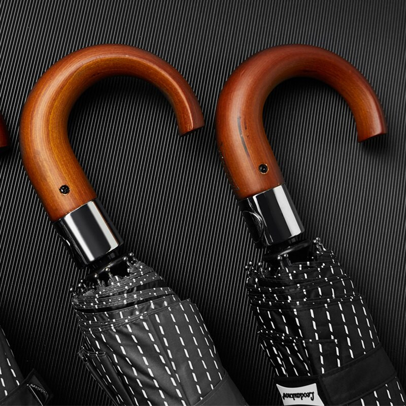 Leodauknow Nový automatický skladací dáždnik pre mužov a ženy s drevenou rukoväťou, pruhovaný štýl, slnečníky proti vetru, 10K anti UV žiarenie, značka slnečníka