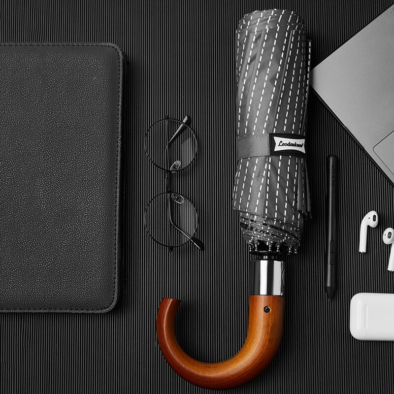 Leodauknow Nový automatický skladací dáždnik pre mužov a ženy s drevenou rukoväťou, pruhovaný štýl, slnečníky proti vetru, 10K anti UV žiarenie, značka slnečníka