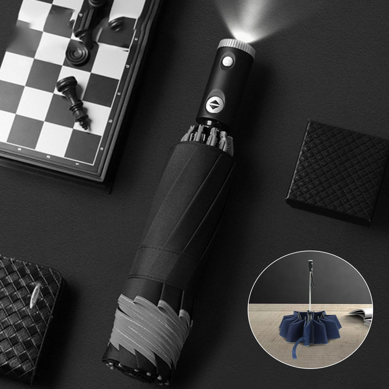 Umbrelă automată de 105 cm cu lanternă LED, umbrelă portabilă cu dungi reflectorizante rezistentă la vânt 3 umbrele pliabile inversate cu 10 nervuri