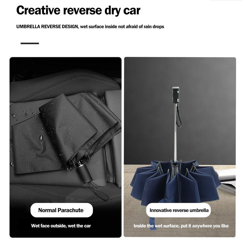 Umbrelă automată de 105 cm cu lanternă LED, umbrelă portabilă cu dungi reflectorizante rezistentă la vânt 3 umbrele pliabile inversate cu 10 nervuri