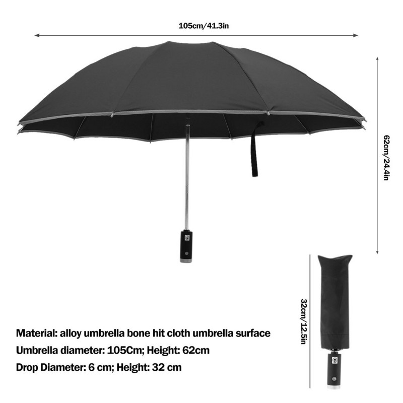 Umbrelă automată de 105 cm cu lanternă LED, umbrelă portabilă cu dungi reflectorizante rezistentă la vânt 3 umbrele pliabile inversate cu 10 nervuri