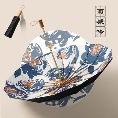 Erős, szélálló lány napernyő 3 összecsukható, 16K tintával festett stílusú kézi esernyő eső női nagy esernyők fa fogantyúval