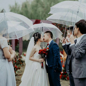 Καθαρή διάφανη ομπρέλα βροχής PVC με θόλο βροχής Ομπρέλες γάμου για ενήλικες με μακριά λαβή ίσιο ραβδί Μικρή ομπρέλα για παιδιά