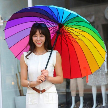 24K Нов чадър Rainbow с дълга дръжка 2-3 души Луксозна кола Мъже Жени Голям ветроустойчив прав слънчев дъждовен чадър