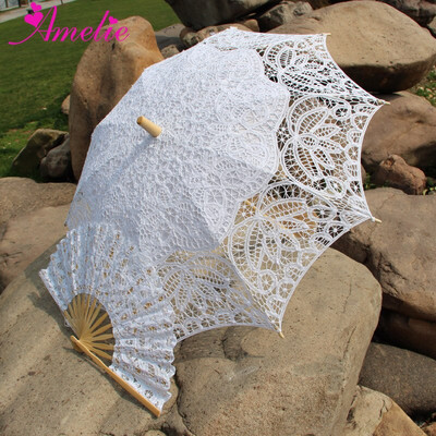 Prom Wedding Handmade Battenburg Lace Parasol and Fan set Wedding Umbrella Fan Sun Umbrella