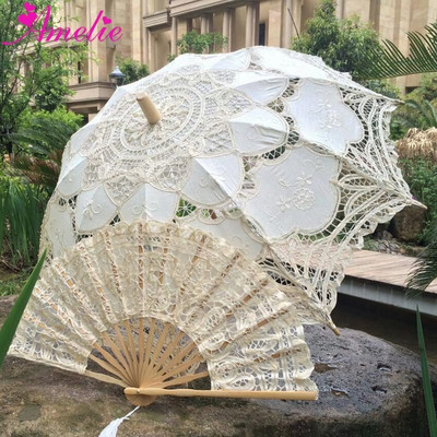 Prom Nunta Handmade Battenburg Dantela Umbrela si Evantai Set Nunta Umbrela Fan Umbrela Soare