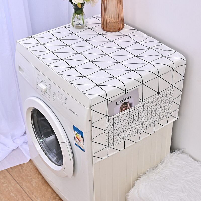 1 gab. Ģeometriskā raksta veļas mazgājamās mašīnas pārsegs lina putekļu necaurlaidīgs audums mikroviļņu krāsns ledusskapja aizsargapvalks Uzglabāšanas kabata