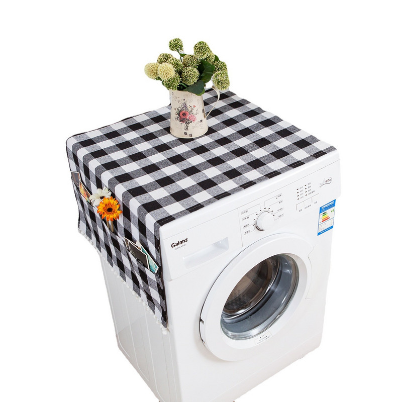 Kockás csekk pamutvászon mosógép huzat zsebbel háztartási tároláshoz Porálló otthoni hűtőszekrény szövethuzat