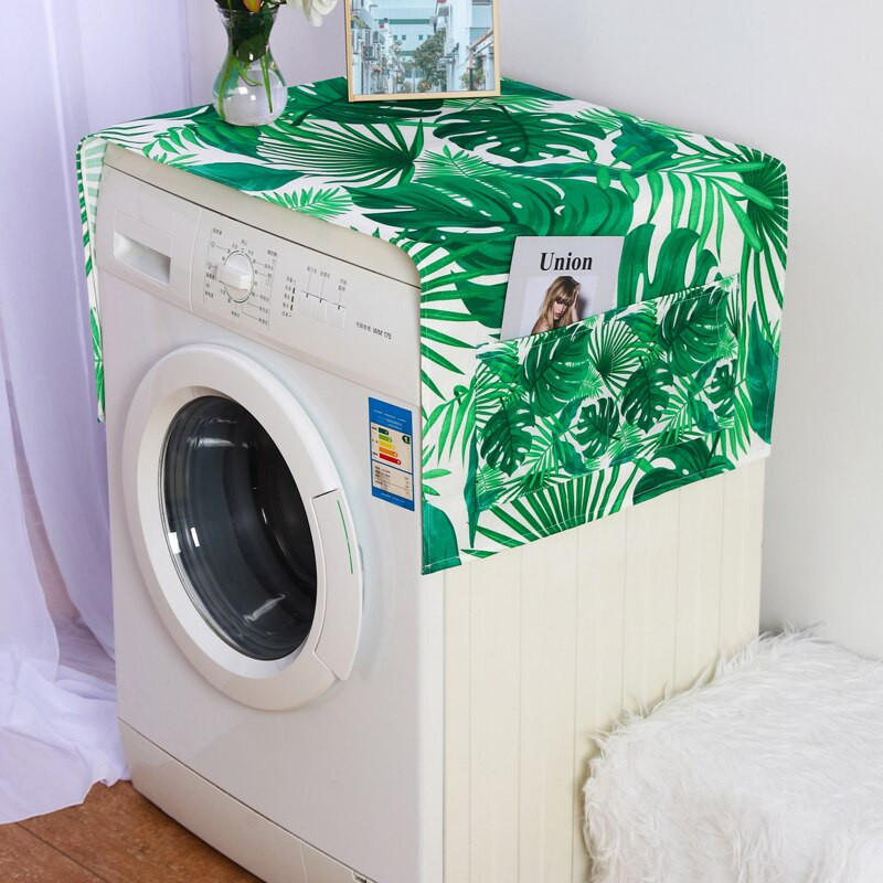 Kryt na chladničku Green Leaf s jednými dverami, ľanový kryt na chladničku, kryt na mikrovlnnú rúru, kryt na práčku, uterák