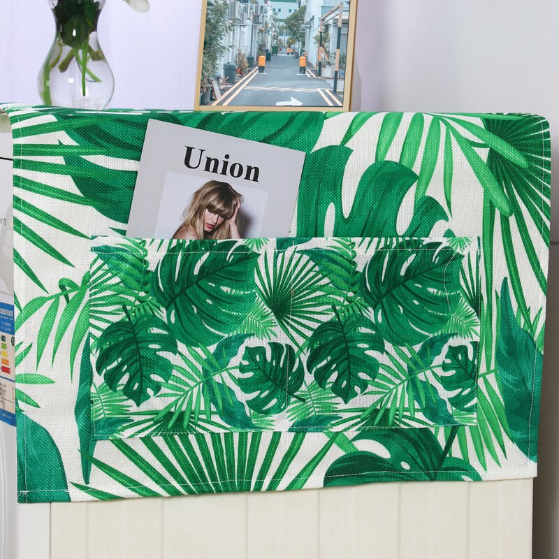 Kryt na chladničku Green Leaf s jednými dverami, ľanový kryt na chladničku, kryt na mikrovlnnú rúru, kryt na práčku, uterák