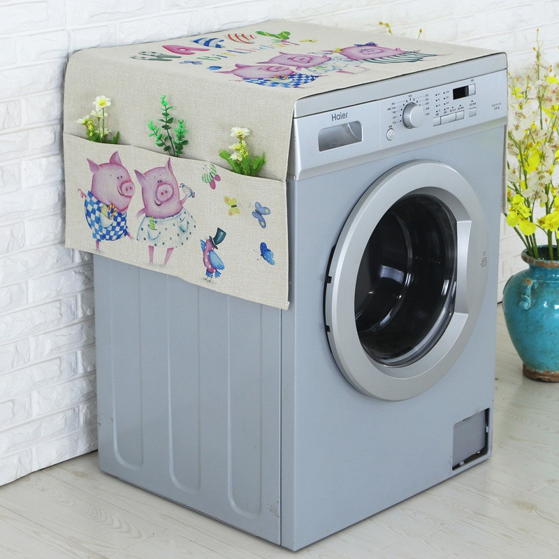 Kryt na chladničku s valčekovou potlačou a úložným vreckom, prachotesný, bavlnený, ľanový, remeselný FC117