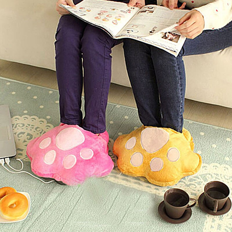 Roztomilý plyšový vankúš na labky, teplé papuče, bezpečnostné elektrické vykurovacie papuče, kreslený USB ohrievač nôh, počítačový ohrievač rúk