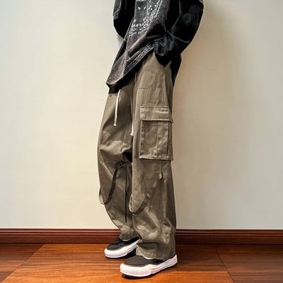 Pantaloni de bărbați cu picioare largi, cu talie înaltă și buzunare laterale