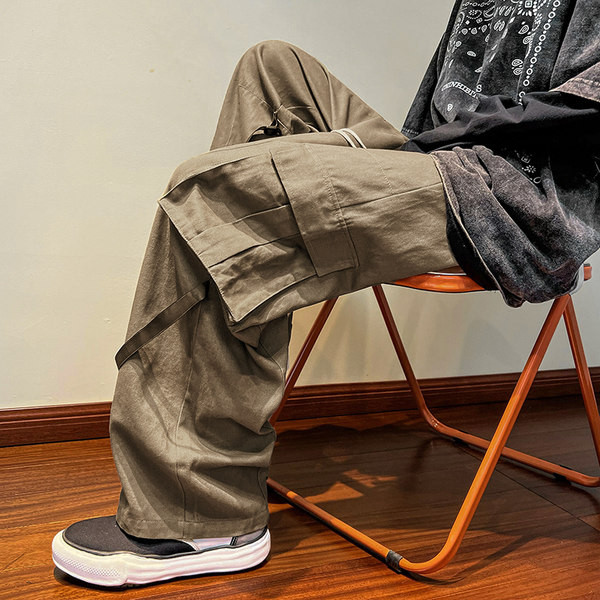 Pantaloni de bărbați cu picioare largi, cu talie înaltă și buzunare laterale