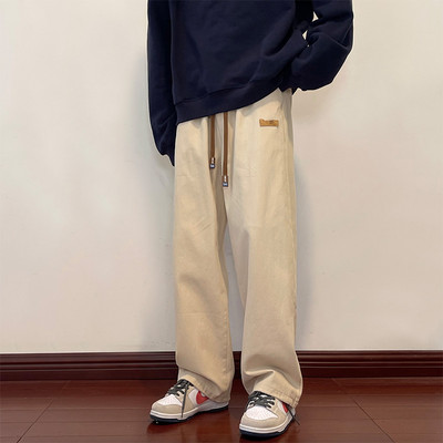 Pantaloni largi pentru bărbați cu picioare drepte, cu șireturi și logo