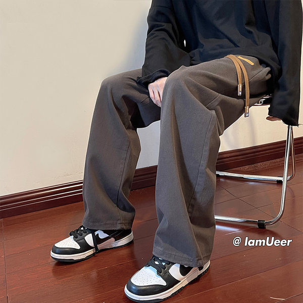 Pantaloni largi pentru bărbați cu picioare drepte, cu șireturi și logo