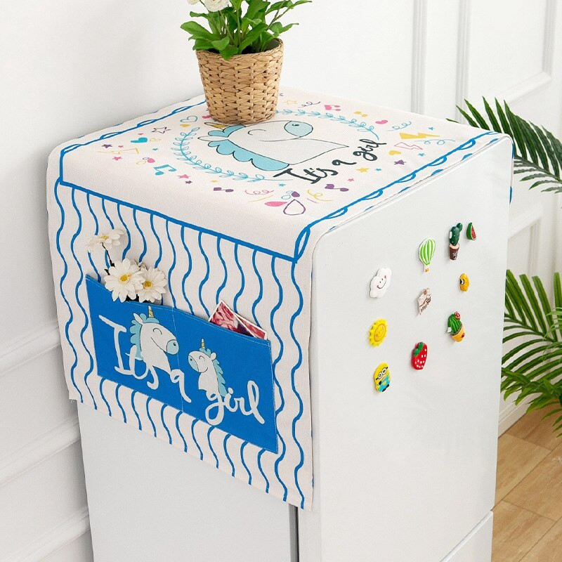 Ochranný kryt na chladničku, mikrovlnnú rúru, bavlnenú ľanovú látku s geometrickou potlačou a úložným vreckom.