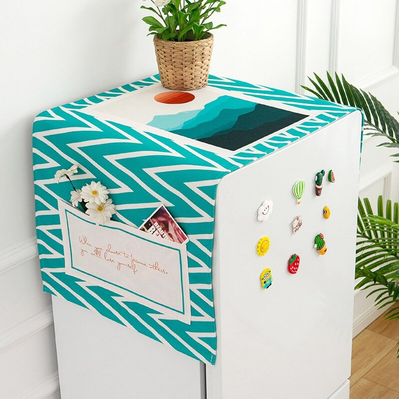 Ochranný kryt na chladničku, mikrovlnnú rúru, bavlnenú ľanovú látku s geometrickou potlačou a úložným vreckom.