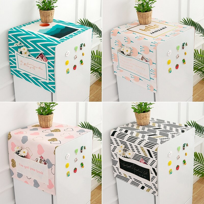 Ochranný kryt na chladničku, mikrovlnnú rúru, bavlnenú ľanovú látku s geometrickou potlačou a úložným vreckom.