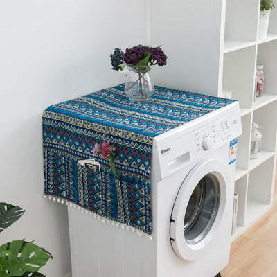 Kryt na chladničku, etnicky modrý, bohémsky, geometrický, látkový kryt na chladničku s jednými dverami, bubnový kryt na práčku, uterák