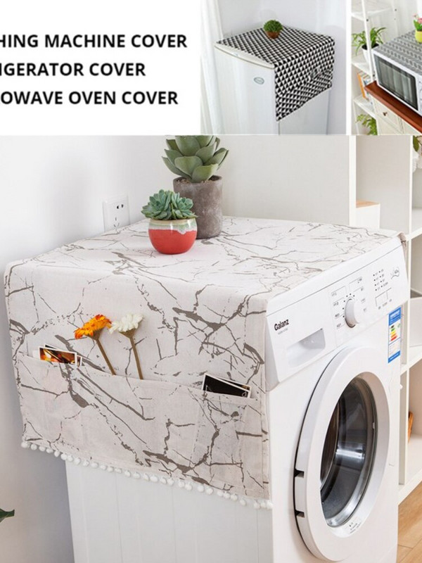 Ľanový sivý geometrický kryt na chladničku, jednodverový kryt na uterák, záhradný dvojitý otvorený bubon, práčka