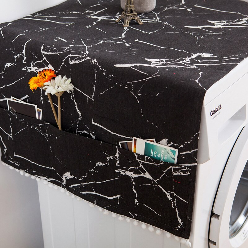 Juodai marmuru margintas šaldytuvo dangtelis nuo dulkių, vienų atvirų durų šaldytuvo dangtis, audinio skalbimo mašinos dangtelis rankšluostis