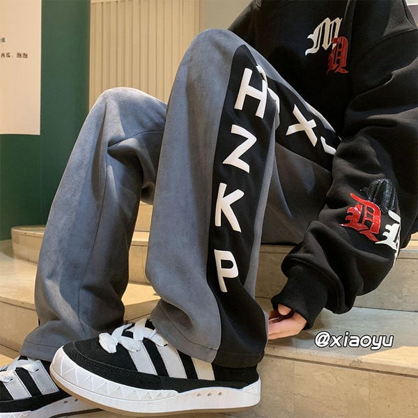 Pantaloni sport barbati cu margini - culoare negru si gri