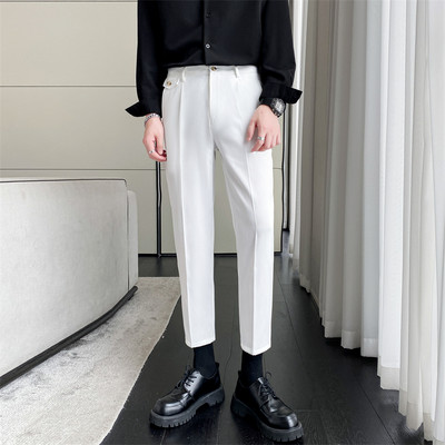 Pánske jesenné rovné nohavice s vysokým pásom a vreckom