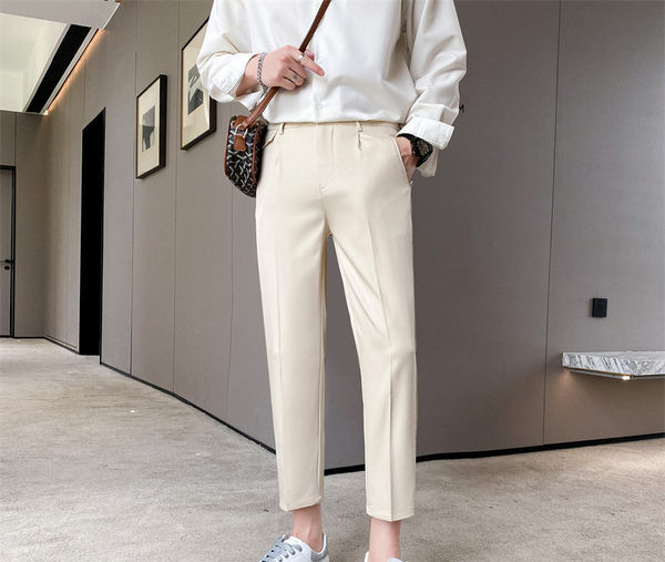 Pánske jesenné rovné nohavice s vysokým pásom a vreckom