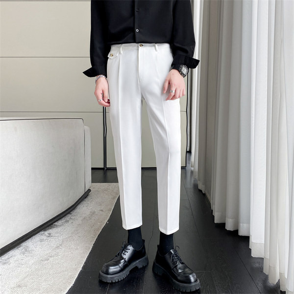 Pánske jesenné rovné nohavice s vysokým pásom a vreckom