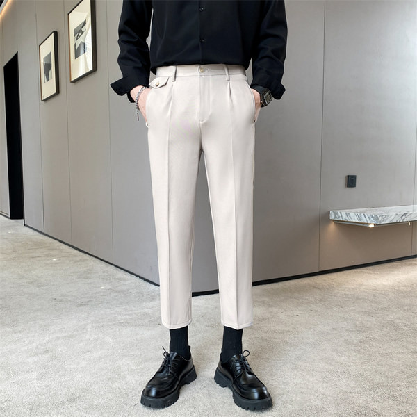 Pánske jesenné rovné nohavice s vysokým pásom a vreckom