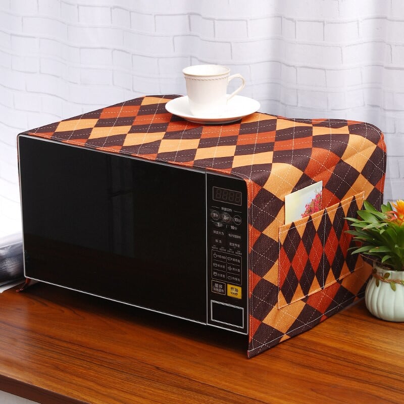 Hnedý geometrický kosoštvorcový prachový kryt pre invertorovú mikrovlnnú rúru, mikrovlnnú rúru, naparovač a pečúcu rúru, mriežkovaný kockovaný ľanový prachový kryt