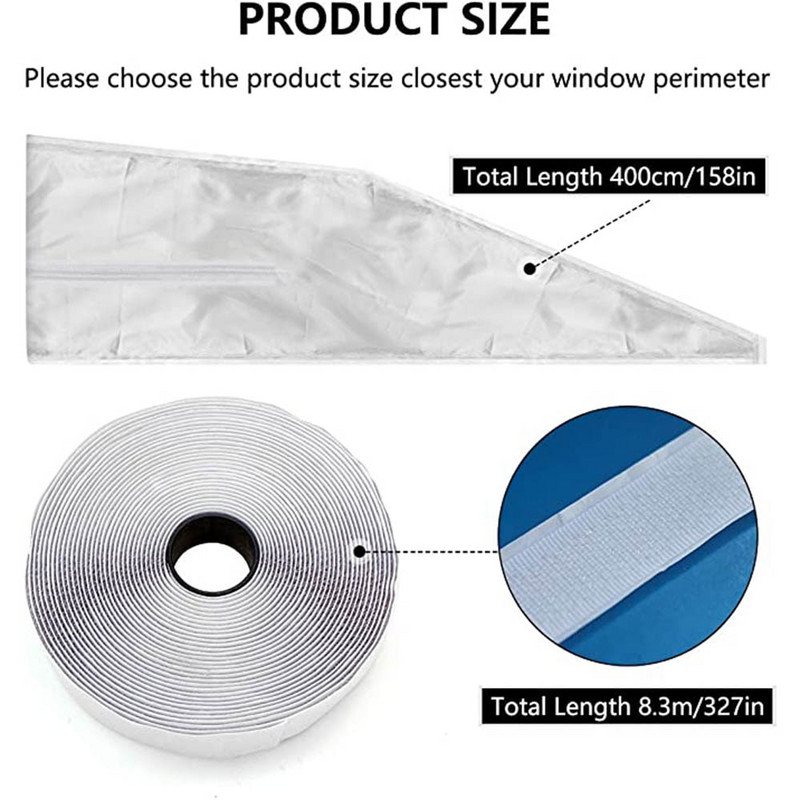Garnitură de fereastră AirLock pentru aer condiționat portabil, 400 cm de etanșare din pânză flexibilă, placă de etanșare a ferestrei cu fermoar și adeziv rapid