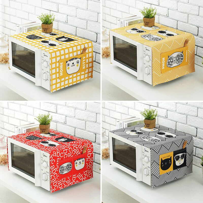 QNBHR Husă din pânză din bumbac și in pentru cuptorul cu microunde din desene animate coreeane Husă din pânză cu pisică pentru cuptor cu microunde Pânză rezistentă la praf pentru decorarea bucătăriei