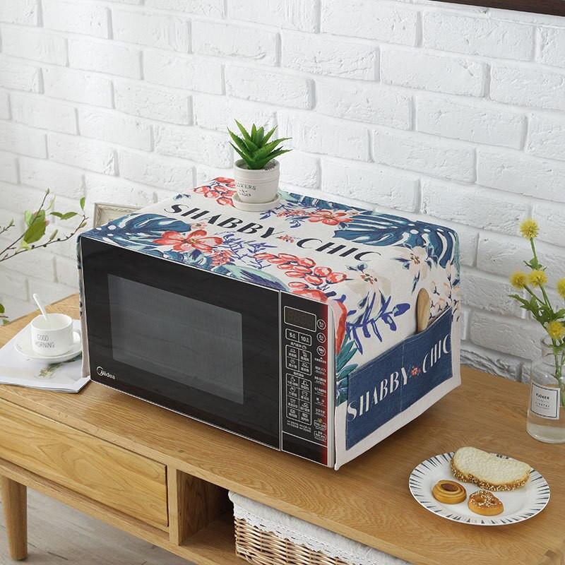 Ľanový obal odolný voči prachu a oleju s vreckami, potlač Floras, dekorácia na ochranu pekáča v mikrovlnnej rúre FC115