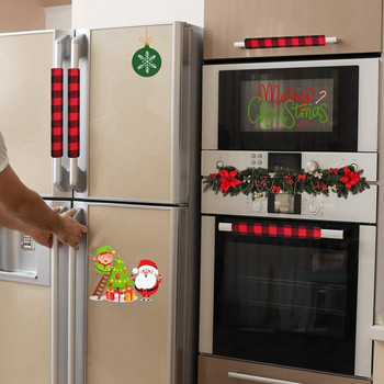4 части Коледен капак за дръжката на вратата на хладилника, Промоция за кухненска микровълнова фурна за съдомиялна машина (червено и черно карирано)