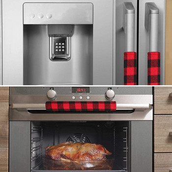 4 части Коледен капак за дръжката на вратата на хладилника, Промоция за кухненска микровълнова фурна за съдомиялна машина (червено и черно карирано)