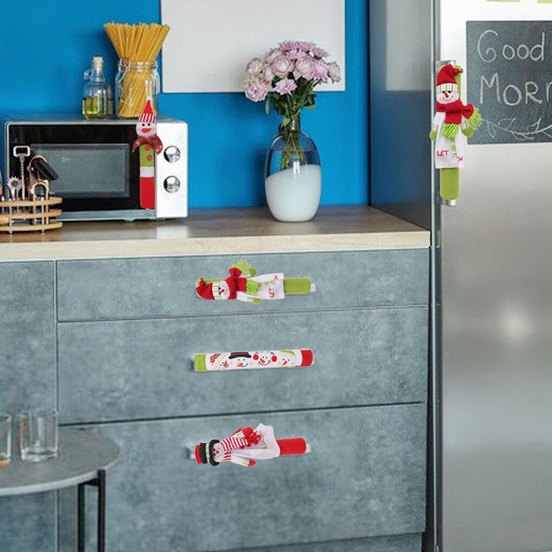 4 kusy vianočných krytov rukovätí dverí chladničky, prenosných umývateľných rúr, mikrovlnných rúr, dekoratívnych ochranných rukavíc do chladničky