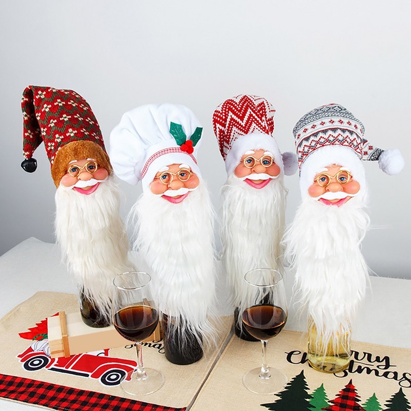 Tenké poháre na víno bez stopky, vianočné nové, hlava starého muža, dekorácia s uzáverom fľaše vína, prívesok, reštaurácia, bar, recepcia