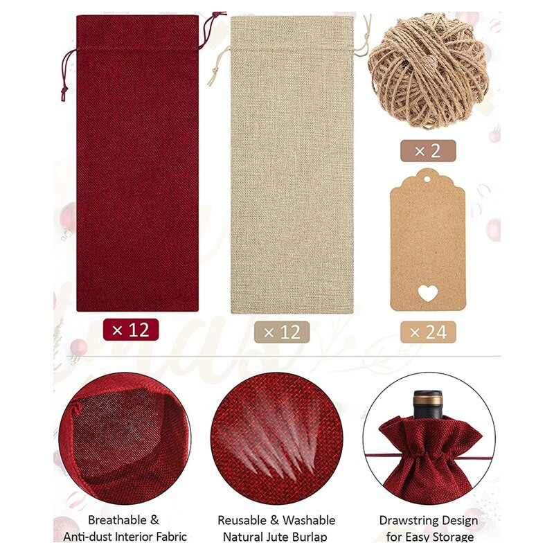 24 ks vrecúšok na víno z juty, darčekové tašky na víno, vrecká na fľaše vína so sťahovacími šnúrkami, visačkami a lanami, opakovane použiteľné kryty na fľaše vína
