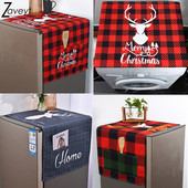 Black Red Grid Print Božićni Elk Jeleni Navlake za prašinu Hladnjak Lanena zaštita od prašine 2023 Nova godina Zamrzivač Geometrijski poklopac