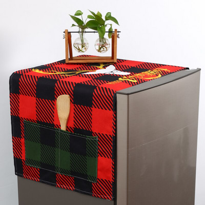 Black Red Grid Print Božićni Elk Jeleni Navlake za prašinu Hladnjak Lanena zaštita od prašine 2023 Nova godina Zamrzivač Geometrijski poklopac