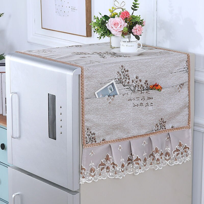Fyjafon Kryt na chladničku s čipkovaným okrajom, prachotesný kryt, výšivka, bytový dekoračný kryt s úložným vreckom 55*135/70*170