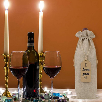 Τσάντες κρασιού λινάτσα Τσάντες δώρου κρασιού με κορδόνια, καλύμματα μονών επαναχρησιμοποιούμενων μπουκαλιών κρασιού με σχοινιά και ετικέτες (30 τμχ)