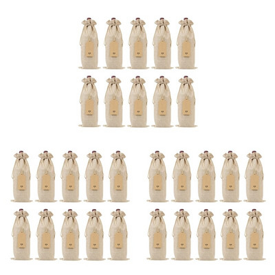 Jutové tašky na víno, darčekové tašky na víno so sťahovacími šnúrkami, jednorazové opakovane použiteľné kryty na fľaše vína s lanami a visačkami (30 ks)