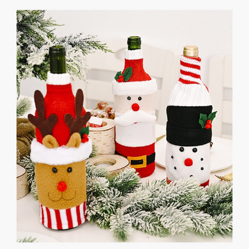 Vrecko na víno, poháre na víno, jedna fľaša, 3 ks, kreslený dekoratívny starý obal, flanelové pletené malé poháre na víno, sada 4 ks