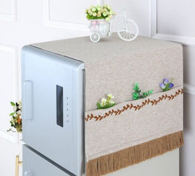 Multifunkčný bavlnený ľanový vyšívaný kryt na práčku, prachotesný kryt na chladničku s úložným vreckom, 55*135CM/70*170CM