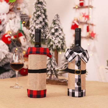 Χαραγμένα χριστουγεννιάτικα στολίδια σε ποτήρι κρασιού Καρό ζώνη σετ μπουκαλιών κρασιού Φόρεμα μπουκάλι κρασιού Διακοσμήσεις γιορτινό πάρτι