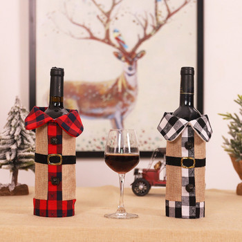 Χαραγμένα χριστουγεννιάτικα στολίδια σε ποτήρι κρασιού Καρό ζώνη σετ μπουκαλιών κρασιού Φόρεμα μπουκάλι κρασιού Διακοσμήσεις γιορτινό πάρτι
