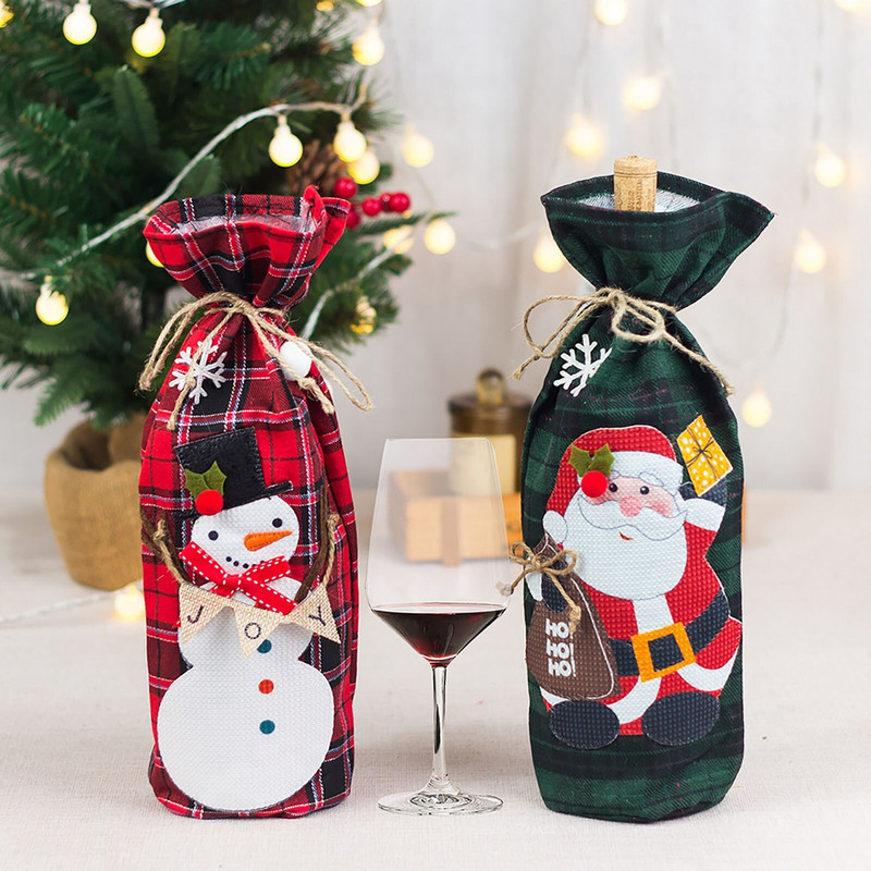 Decoratiuni de Craciun Geanta pentru sticla de vin din pânza Decoratune pentru sticla de vin rosu Vin de Craciun Lup Pahar de vin Saci cadou pentru vin 2 sticle
